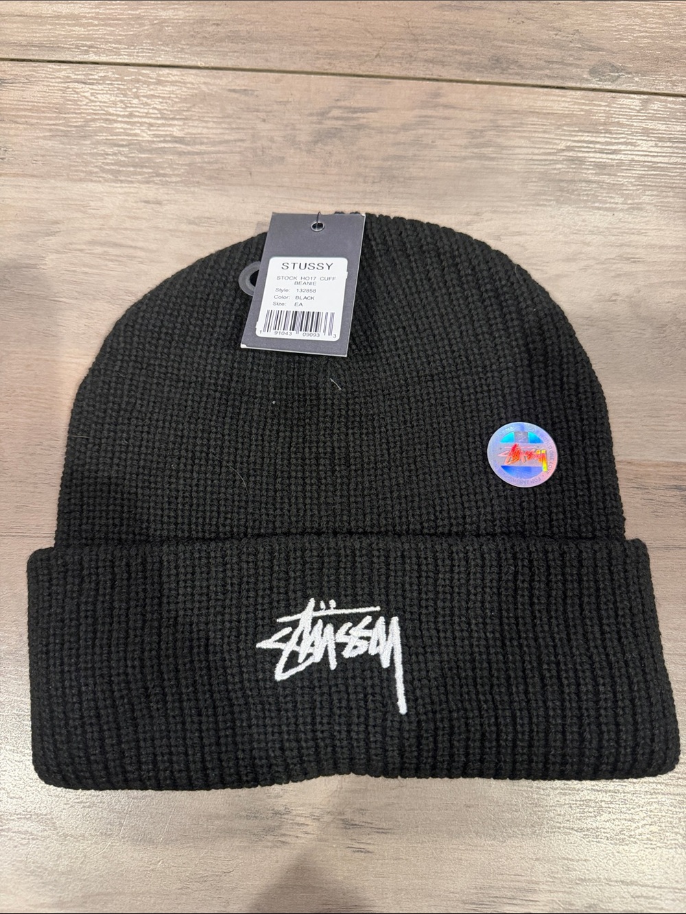 Stussy Black Beanie with White Script Logo